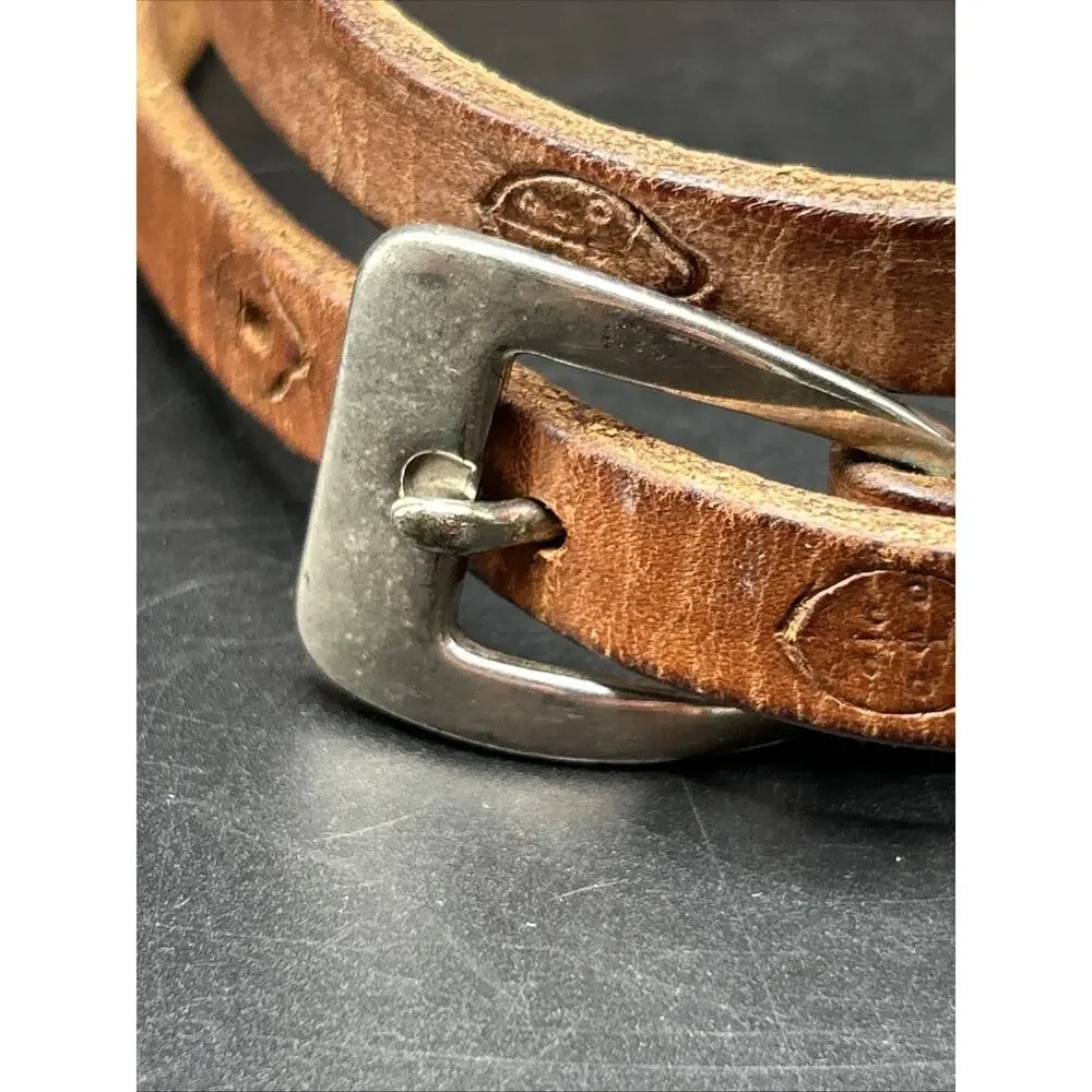 Leather Belt Womens 33 Brown Embossed Ladybug Silver tone Buckle Skinny 1/2”